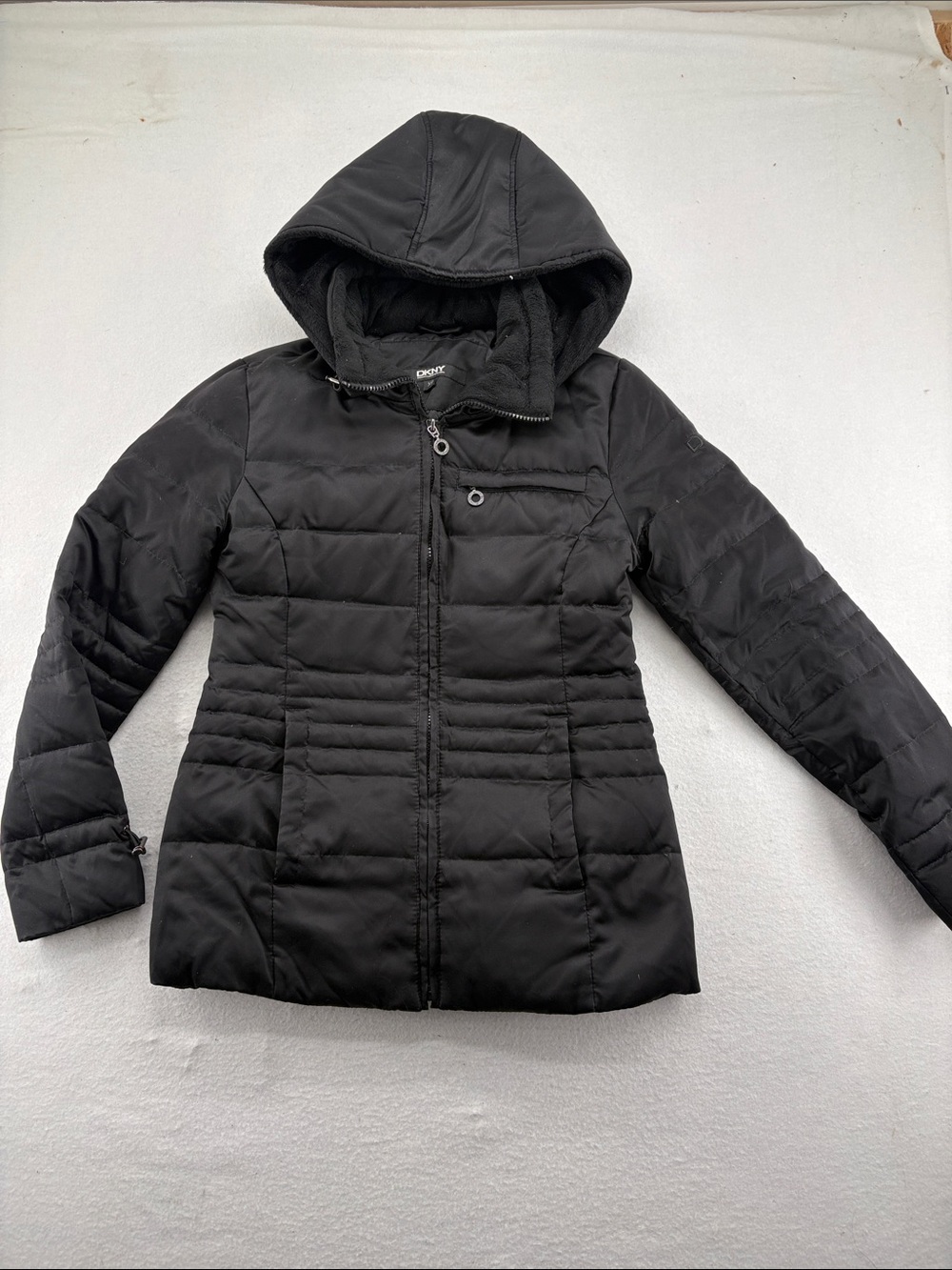 DKNY Black Quilted Hooded Puffer Coat